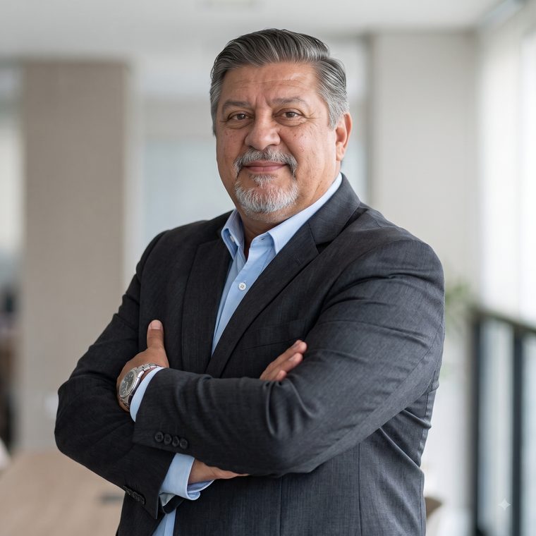 Paulo César Dianin, corretor de seguros, de braços cruzados em um escritório